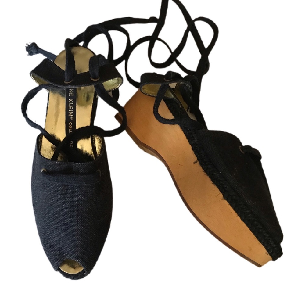Anne Klein Wood Platform Black Ankle Wrap Shoes 8